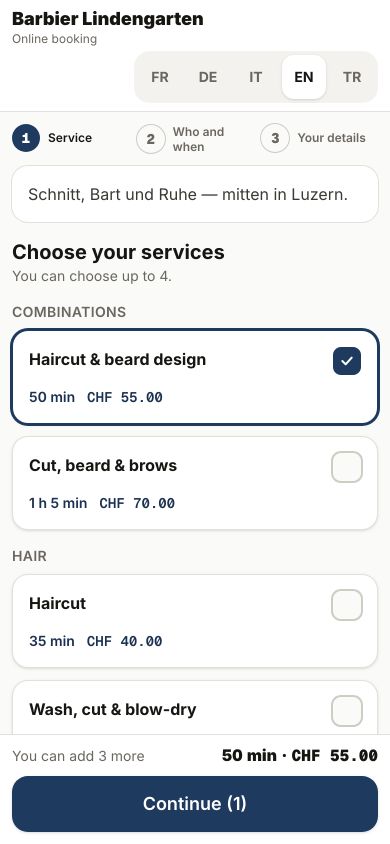 A barber's booking page on a phone: services with duration and price, one of them chosen