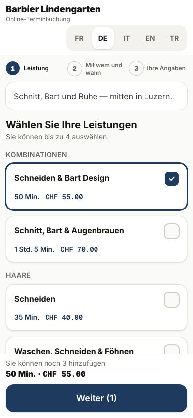 Die Buchungsseite eines Barbershops auf dem Handy: Leistungen mit Dauer und Preis, eine davon gewählt