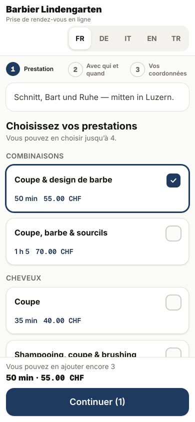 La page de réservation d'un barbier sur un téléphone : prestations avec durée et prix, l'une d'elles choisie