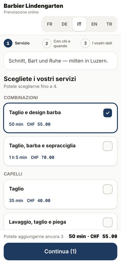 La pagina di prenotazione di un barbiere sul telefono: prestazioni con durata e prezzo, una delle quali scelta