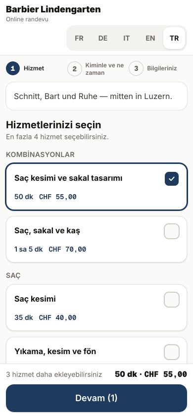 Telefonda bir berberin randevu sayfası: süresi ve fiyatıyla hizmetler, biri seçilmiş