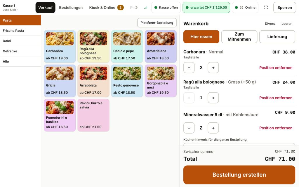 Gallesis-Kasse einer Trattoria mit Kategorien, den Pastagerichten mit Foto und dem Warenkorb einer Bestellung «Hier essen»