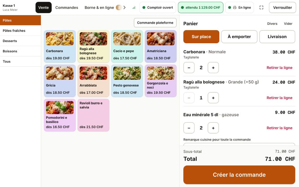 La caisse Gallesis d'une trattoria, avec les catégories, les plats de pâtes en photo et le panier d'une commande sur place