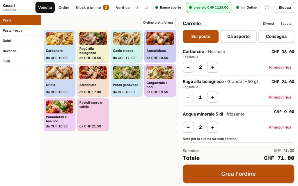 La cassa Gallesis di una trattoria, con le categorie, i piatti di pasta con la foto e il carrello di un ordine sul posto