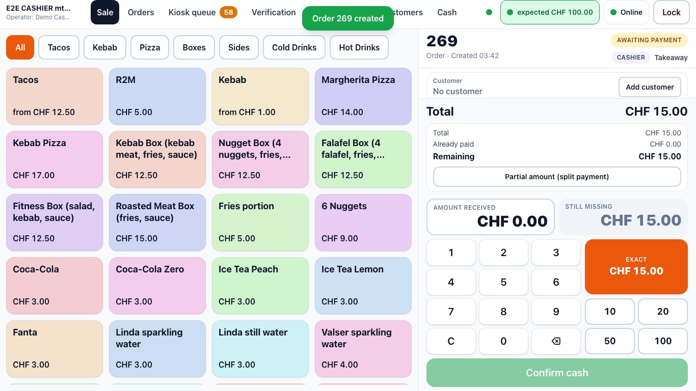 The Gallesis till: product grid on the left, cash payment panel on the right