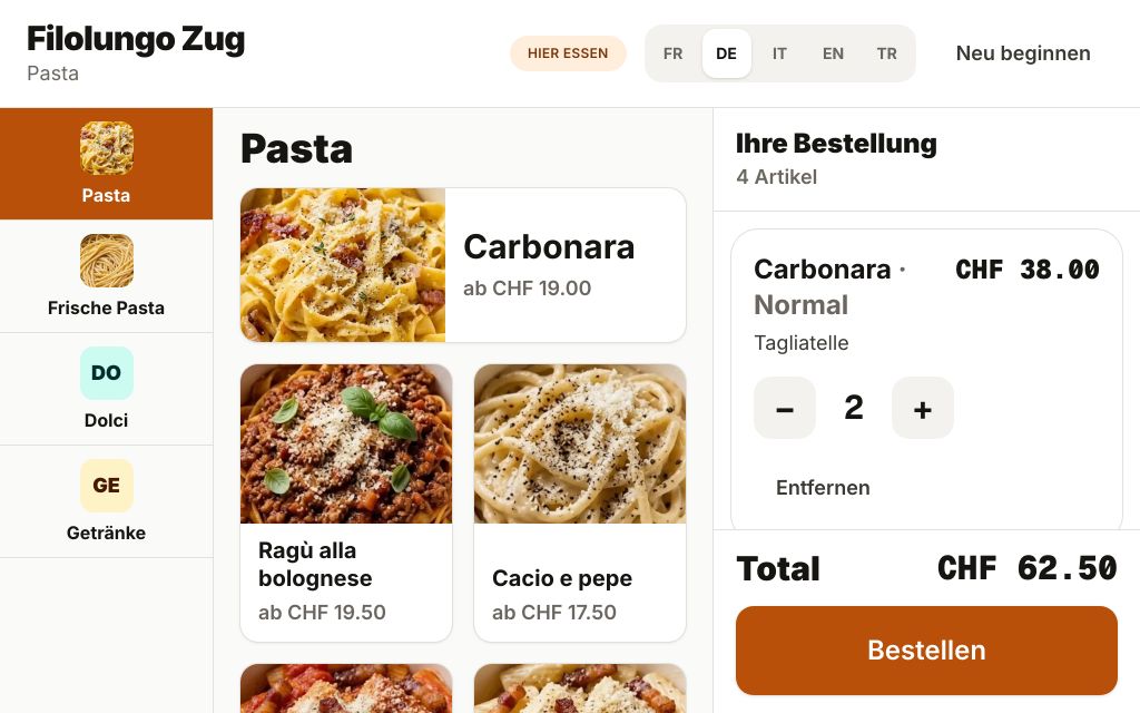 Gallesis-Bestellkiosk einer Trattoria mit Kategorienleiste, Produktfotos und Warenkorb