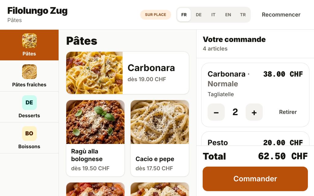 La borne de commande Gallesis d'une trattoria, avec la barre des catégories, les photos des produits et le panier