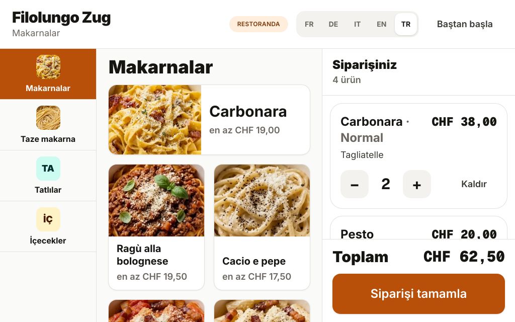 Bir İtalyan lokantasının Gallesis sipariş kiosku: kategori çubuğu, ürün fotoğrafları ve sepet